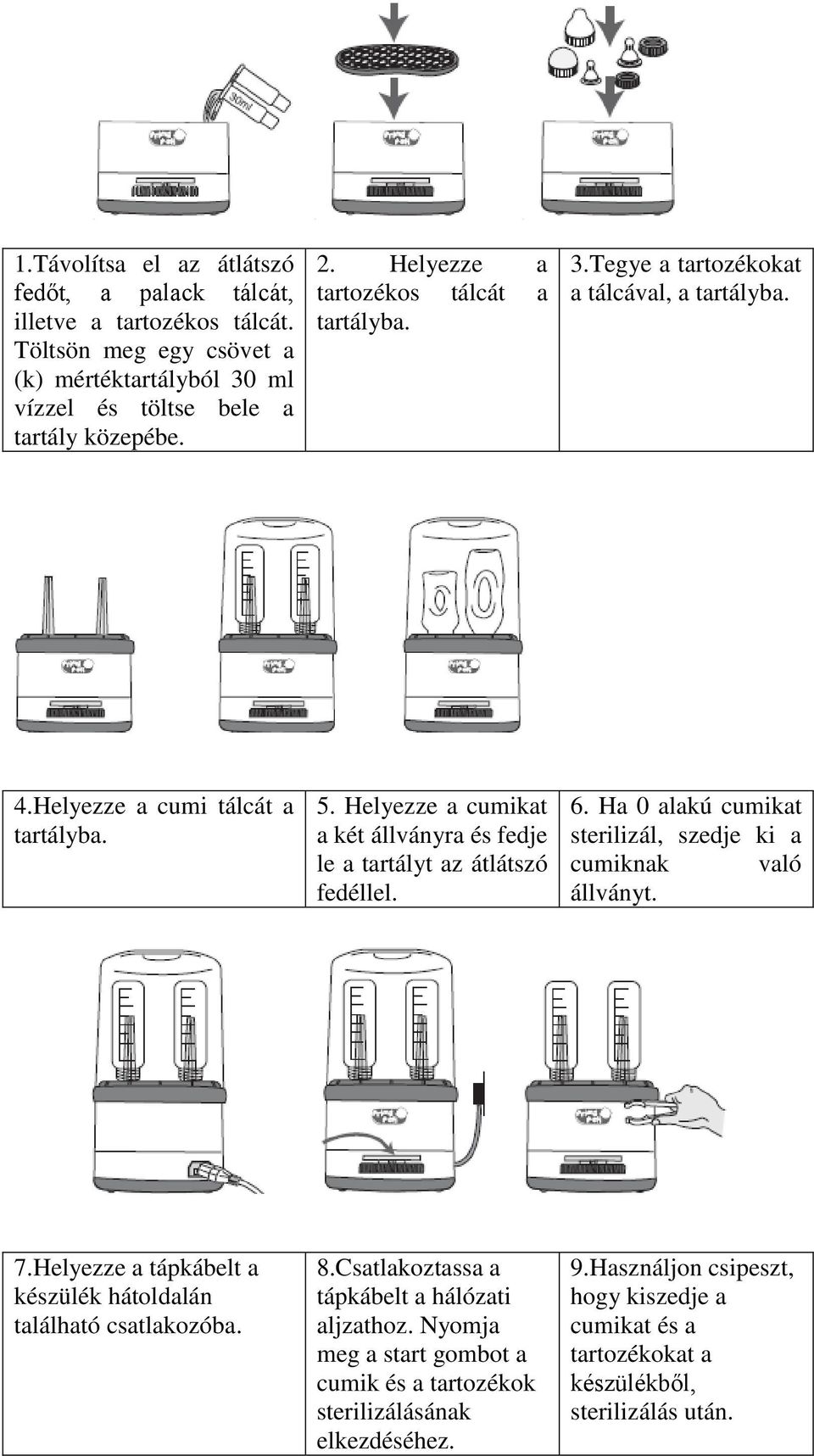 Helyezze a cumikat a két állványra és fedje le a tartályt az átlátszó fedéllel. 6. Ha 0 alakú cumikat sterilizál, szedje ki a cumiknak való állványt. 7.
