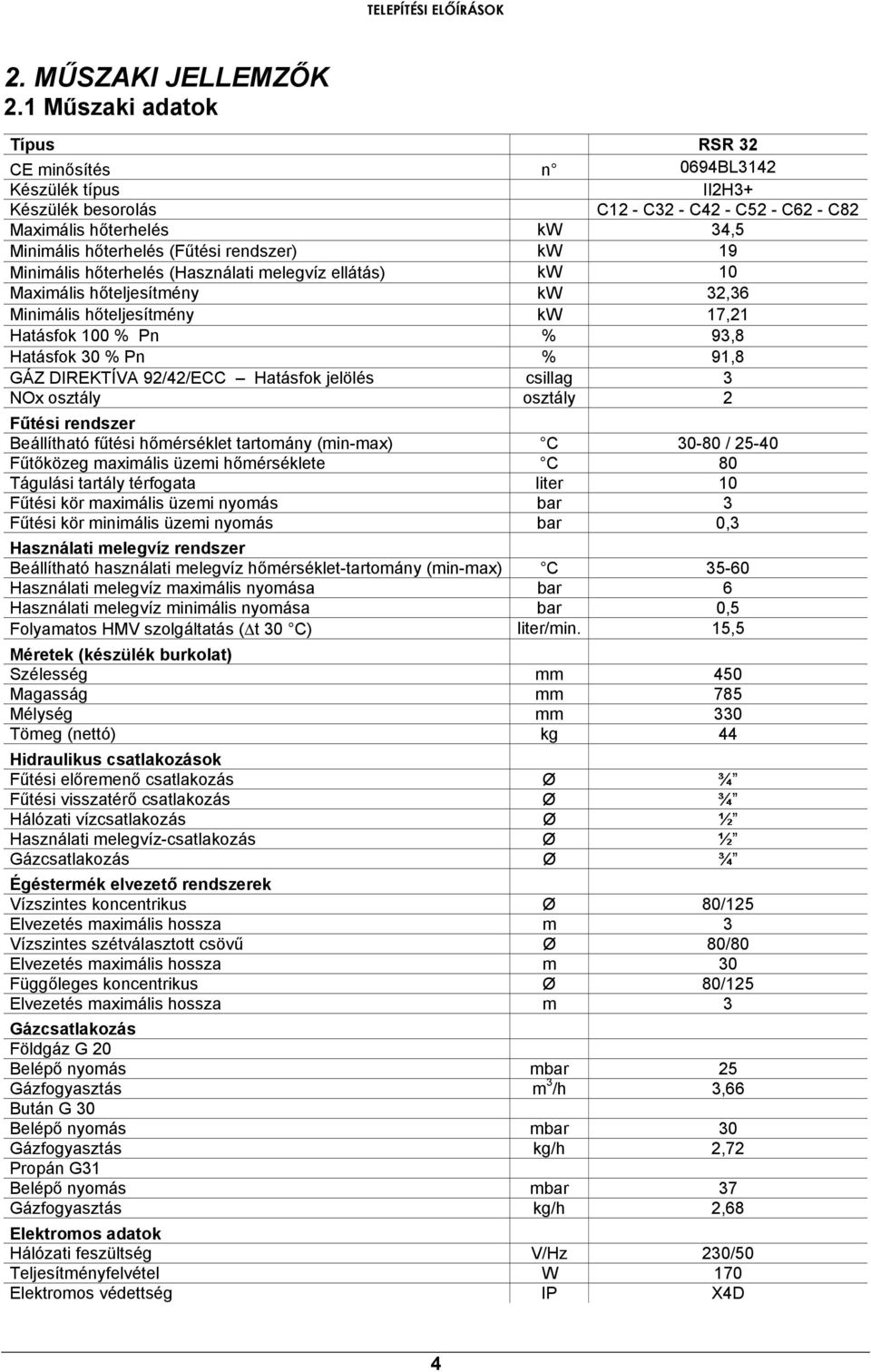 kw 19 Minimális hőterhelés (Használati melegvíz ellátás) kw 10 Maximális hőteljesítmény kw 32,36 Minimális hőteljesítmény kw 17,21 Hatásfok 100 % Pn % 93,8 Hatásfok 30 % Pn % 91,8 GÁZ DIREKTÍVA