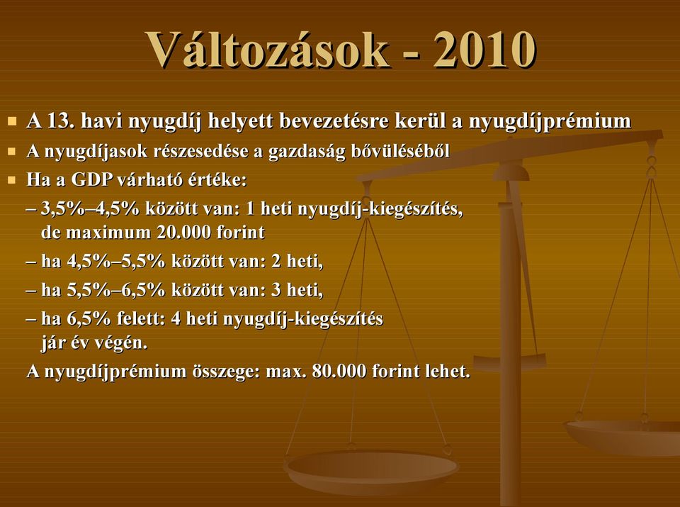 bővüléséből Ha a GDP várható értéke: 3,5% 4,5% között van: 1 heti nyugdíj-kiegészítés, de maximum 20.