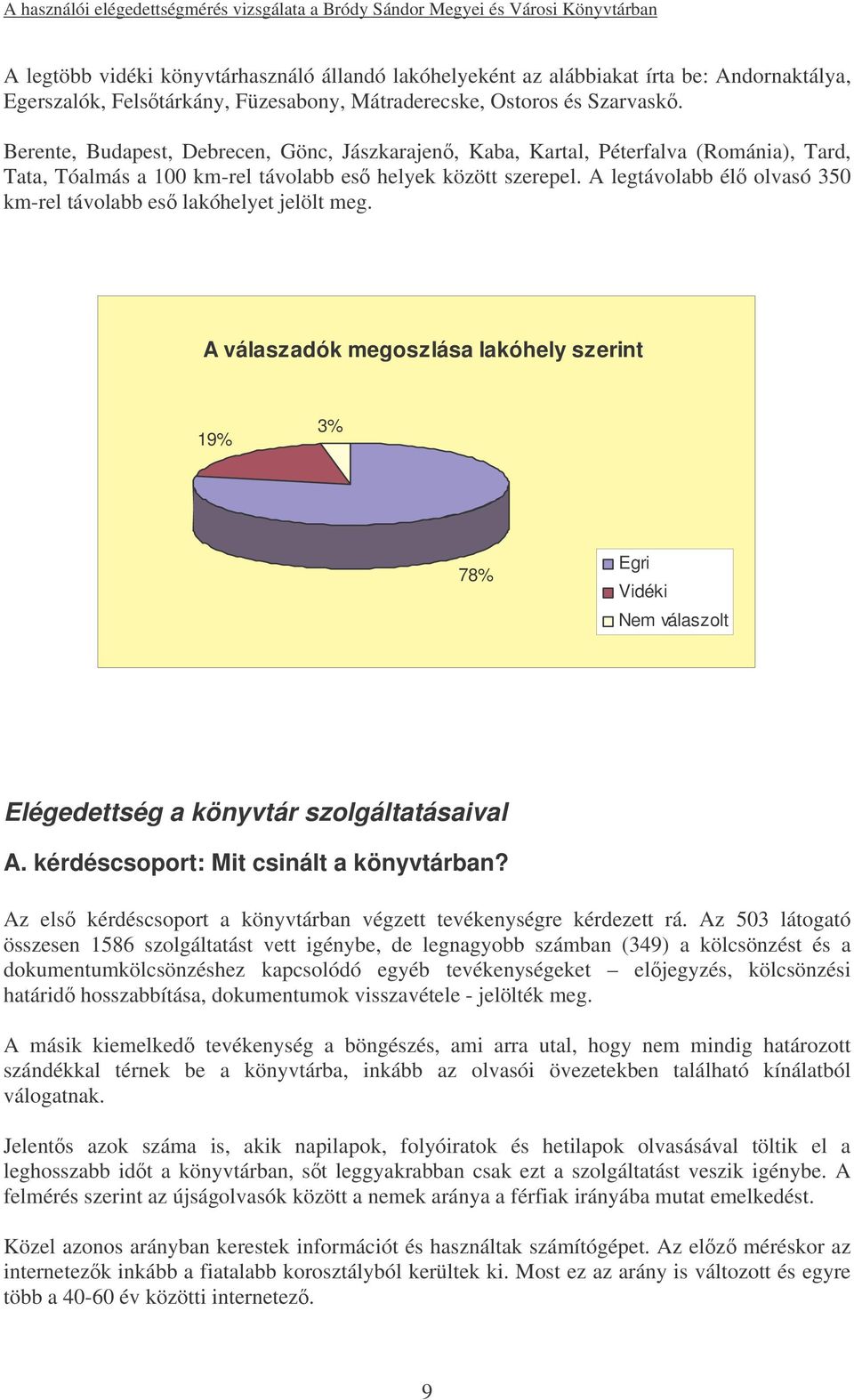 A legtávolabb él olvasó 350 km-rel távolabb es lakóhelyet jelölt meg. A válaszadók megoszlása lakóhely szerint 19% 3% 78% Egri Vidéki Nem válaszolt Elégedettség a könyvtár szolgáltatásaival A.