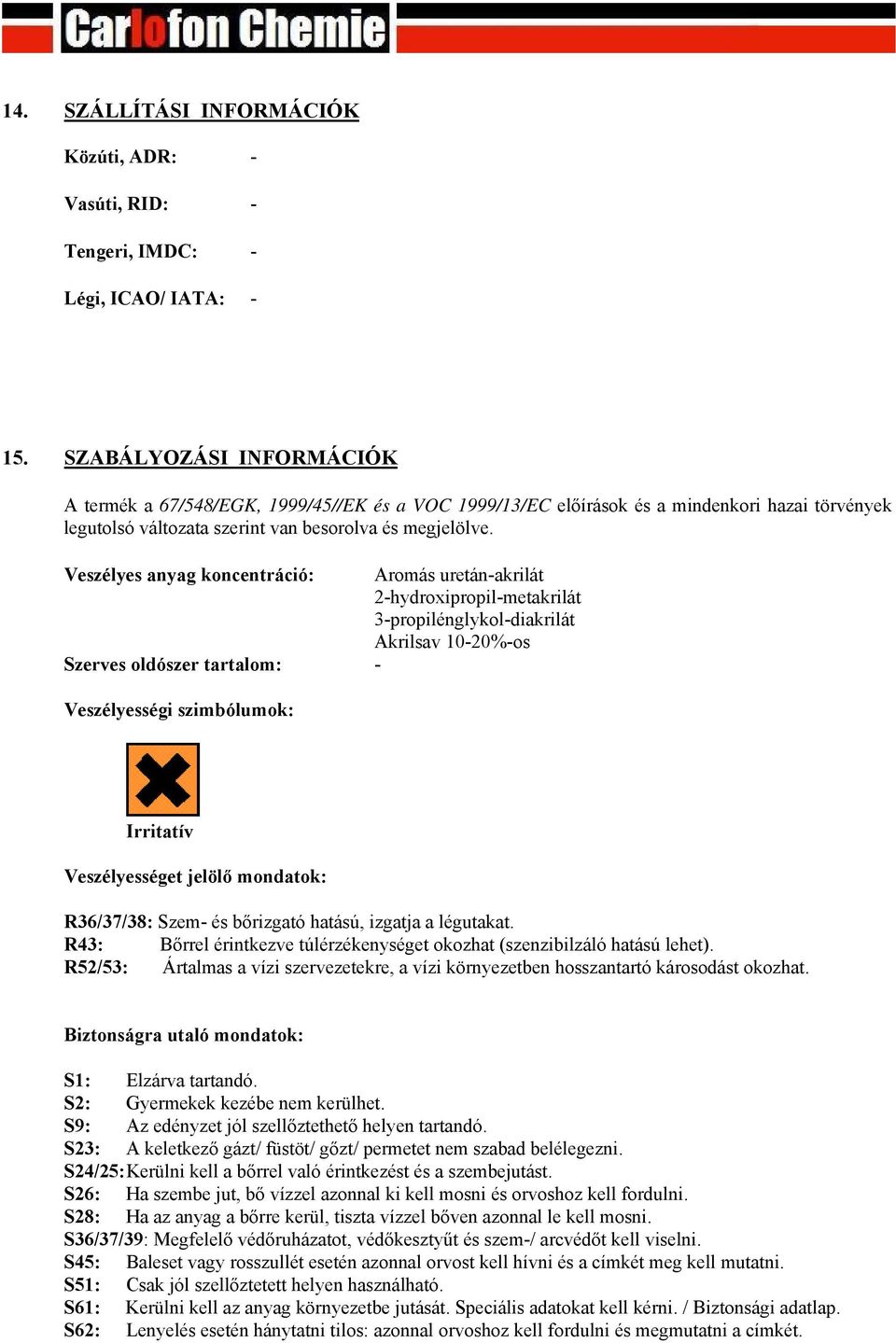 Veszélyes anyag koncentráció: Aromás uretán-akrilát 2-hydroxipropil-metakrilát 3-propilénglykol-diakrilát Akrilsav 10-20%-os Szerves oldószer tartalom: - Veszélyességi szimbólumok: Irritatív