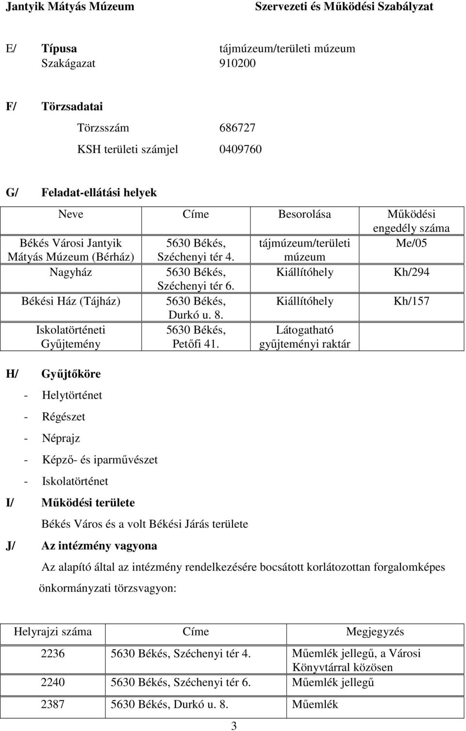 Békési Ház (Tájház) 5630 Békés, Kiállítóhely Kh/157 Durkó u. 8. Iskolatörténeti Gyűjtemény 5630 Békés, Petőfi 41.