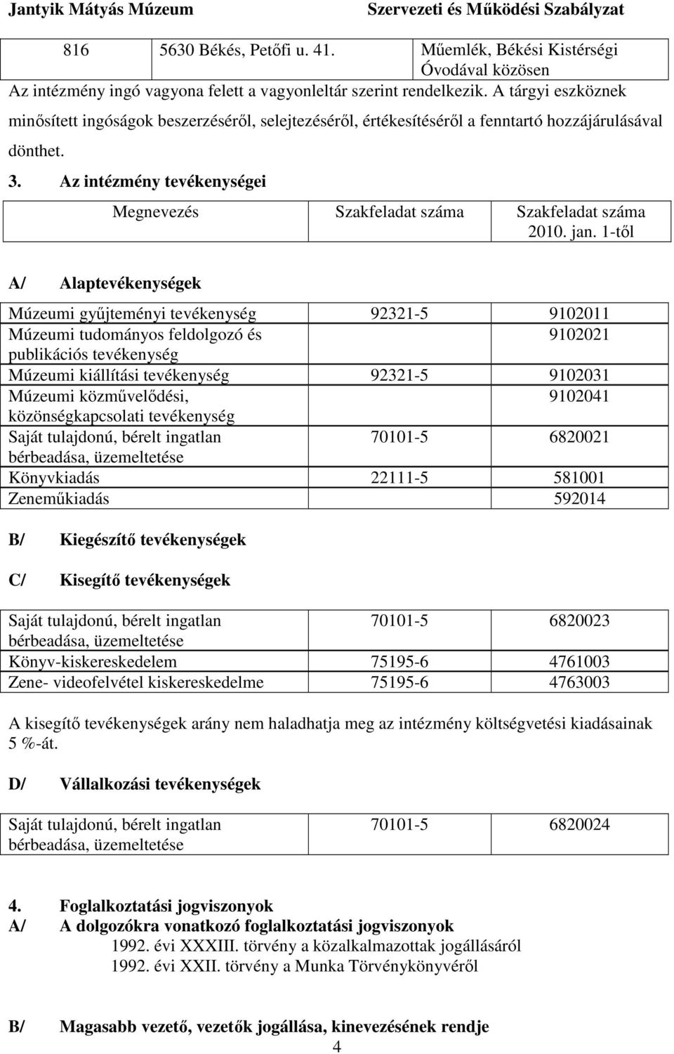 Az intézmény tevékenységei Megnevezés Szakfeladat száma Szakfeladat száma 2010. jan.