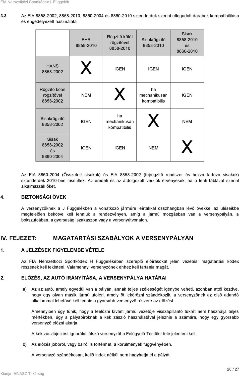 mechanikusan kompatibilis X NEM Sisak 8858-2002 és 8860-2004 IGEN IGEN NEM X Az FIA 8860-2004 (Összetett sisakok) és FIA 8858-2002 (fejrögzítő rendszer és hozzá tartozó sisakok) sztenderdek 2010-ben