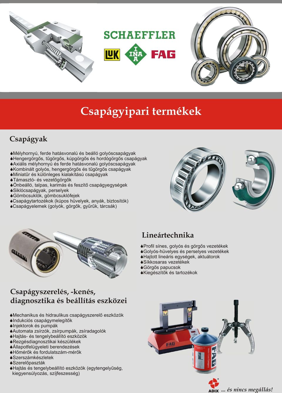 iklócsapágyak, perselyek Gömbcsuklók, gömbcsuklófejek Csapágytartozékok (kúpos hüvelyek, anyák, biztosítók) Csapágyelemek (golyók, görgők, gyűrűk, tárcsák) Lineártechnika Profil sínes, golyós és