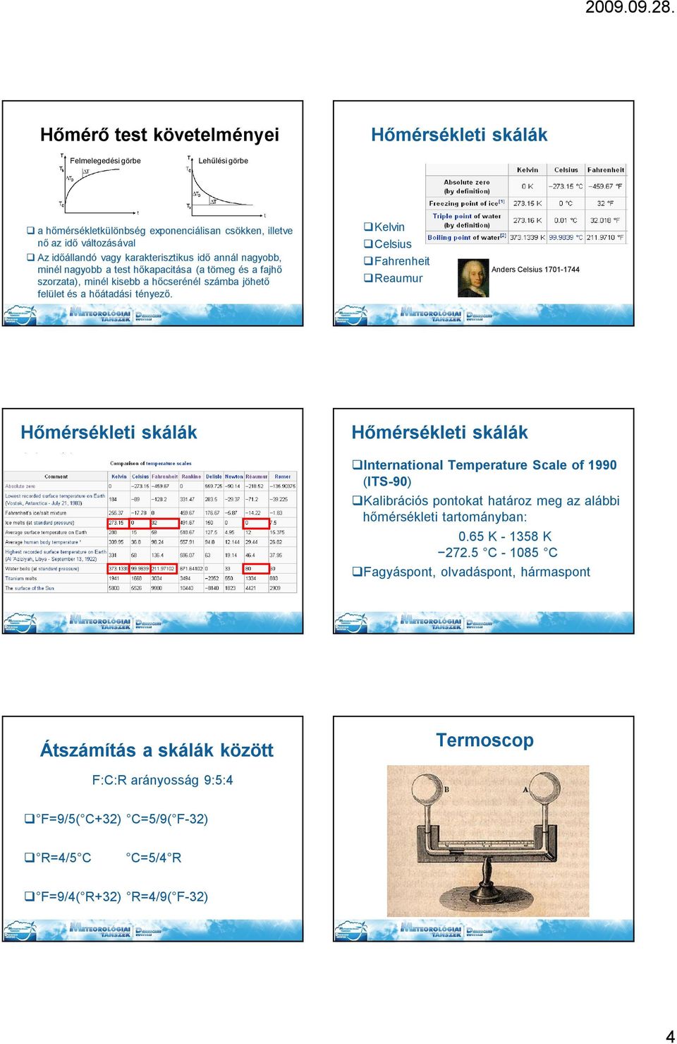 Kelvin Celsius Fahrenheit Reaumur Anders Celsius 1701-1744 Hőmérsékleti skálák Hőmérsékleti skálák International Temperature Scale of 1990 (ITS-90) Kalibrációs pontokat határoz meg az