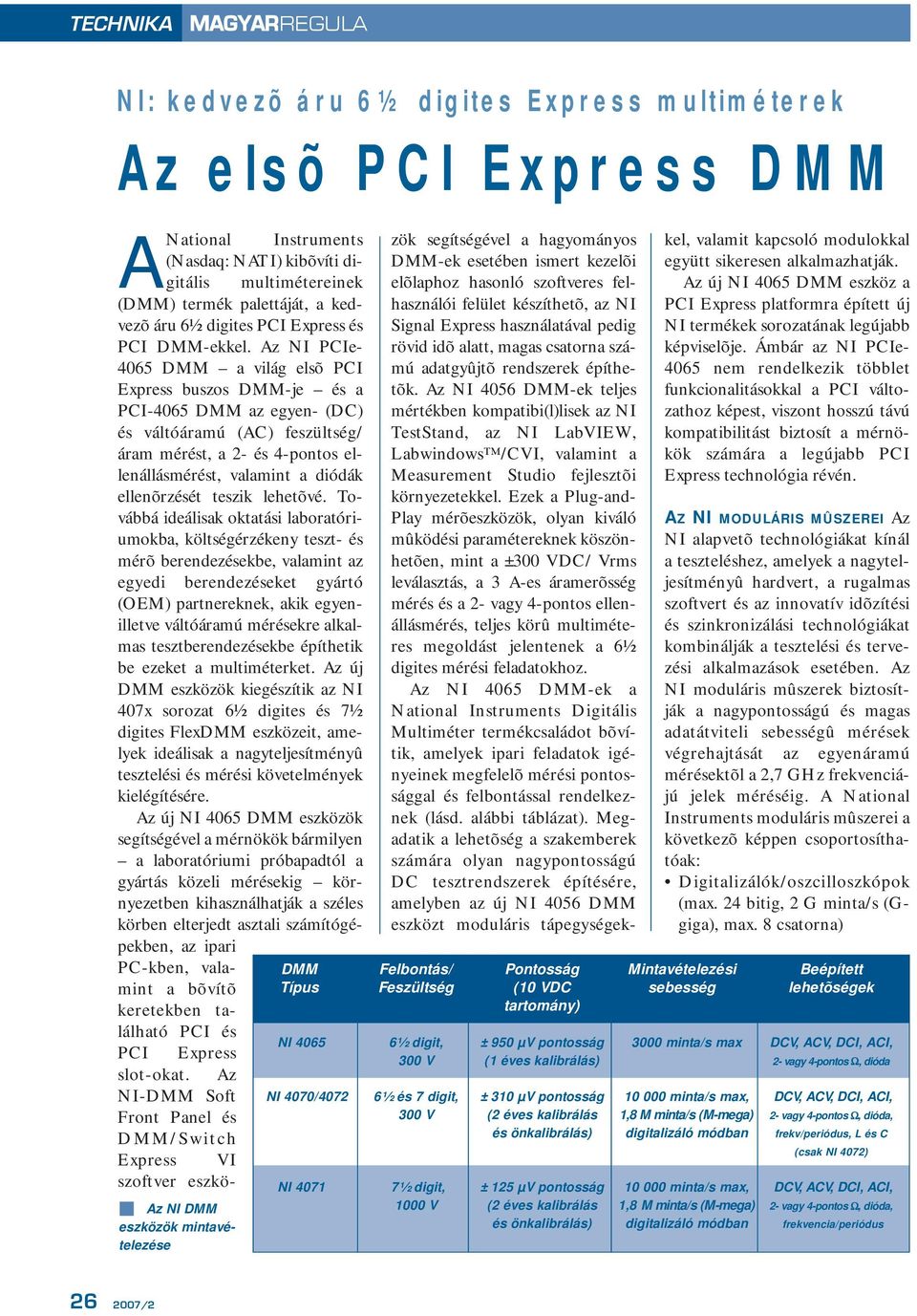 Az NI PCIe- 4065 DMM a világ elsõ PCI Express buszos DMM-je és a PCI-4065 DMM az egyen- (DC) és váltóáramú (AC) feszültség/ áram mérést, a 2- és 4-pontos ellenállásmérést, valamint a diódák