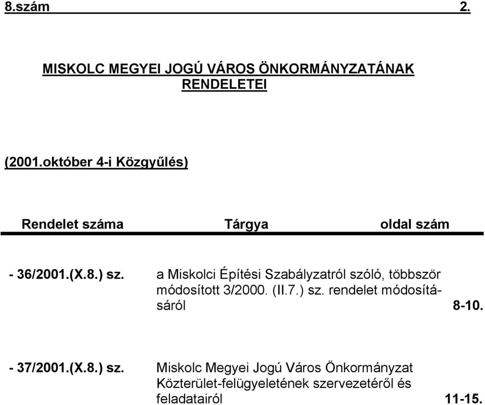 a Miskolci Építési Szabályzatról szóló, többször módosított 3/2000. (II.7.) sz.