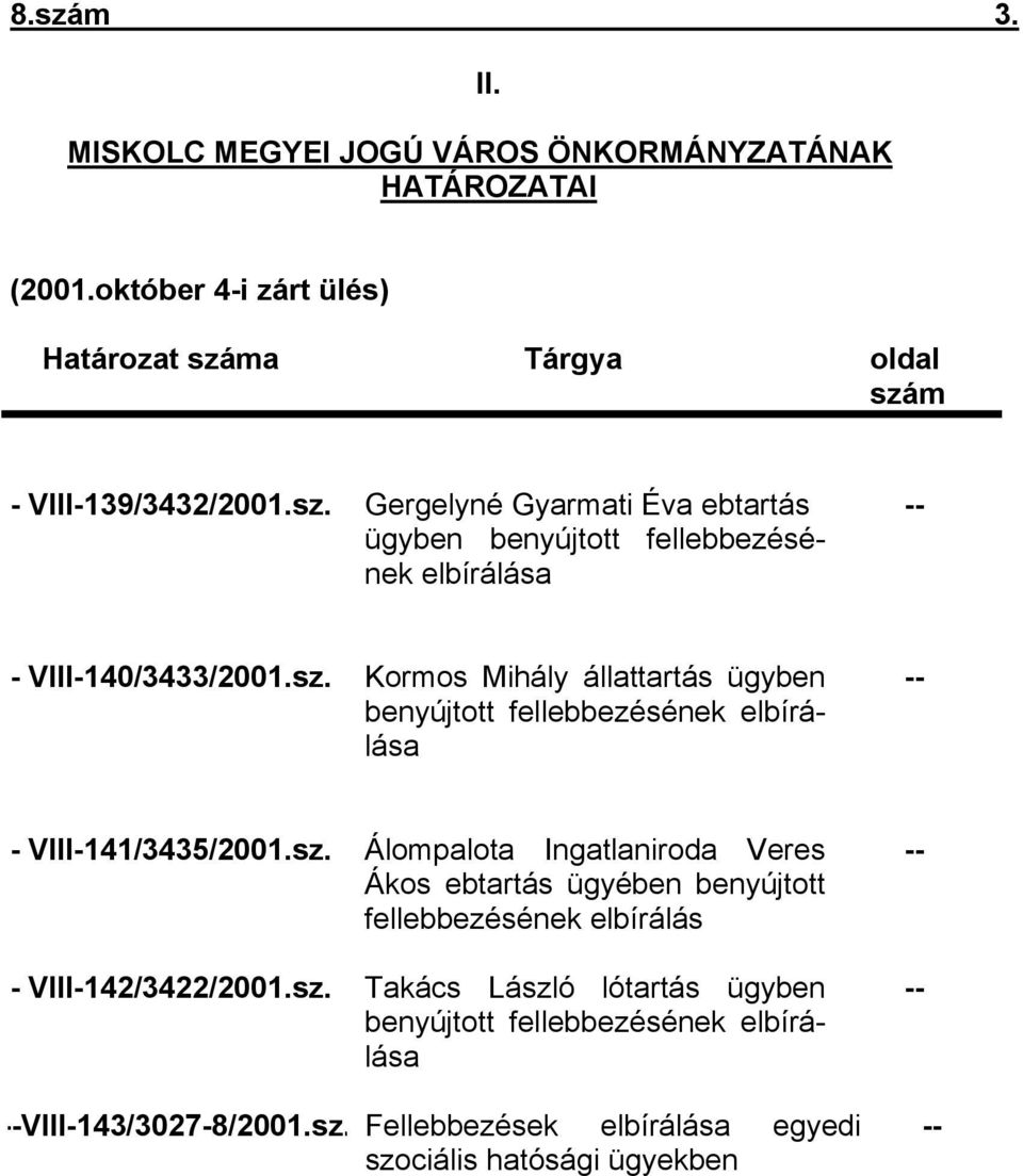 sz. Takács László lótartás ügyben benyújtott fellebbezésének elbírálása --VIII-143/3027-8/2001.sz. Fellebbezések elbírálása egyedi szociális hatósági ügyekben -- -- --