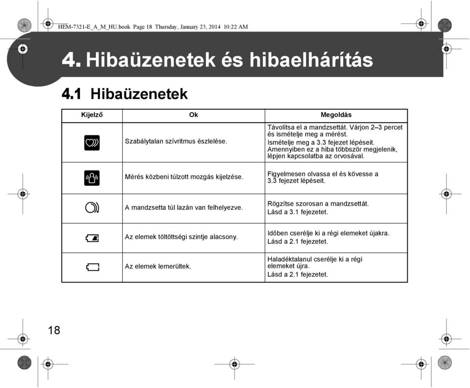 Amennyiben ez a hiba többször megjelenik, lépjen kapcsolatba az orvosával. Figyelmesen olvassa el és kövesse a 3.3 fejezet lépéseit. A mandzsetta túl lazán van felhelyezve.