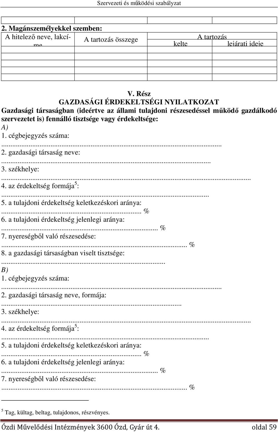 .. 2. gazdasági társaság neve:... 3. székhelye:... 4. az érdekeltség formája 5 :... 5. a tulajdoni érdekeltség keletkezéskori aránya:... % 6. a tulajdoni érdekeltség jelenlegi aránya:... % 7.