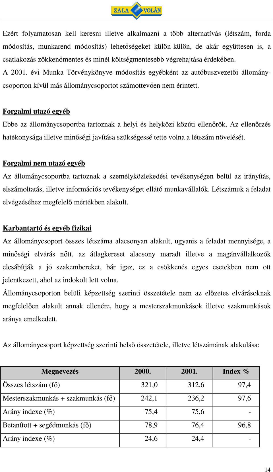 Forgalmi utazó egyéb Ebbe az állománycsoportba tartoznak a helyi és helyközi közúti ellenrök. Az ellenrzés hatékonysága illetve minségi javítása szükségessé tette volna a létszám növelését.