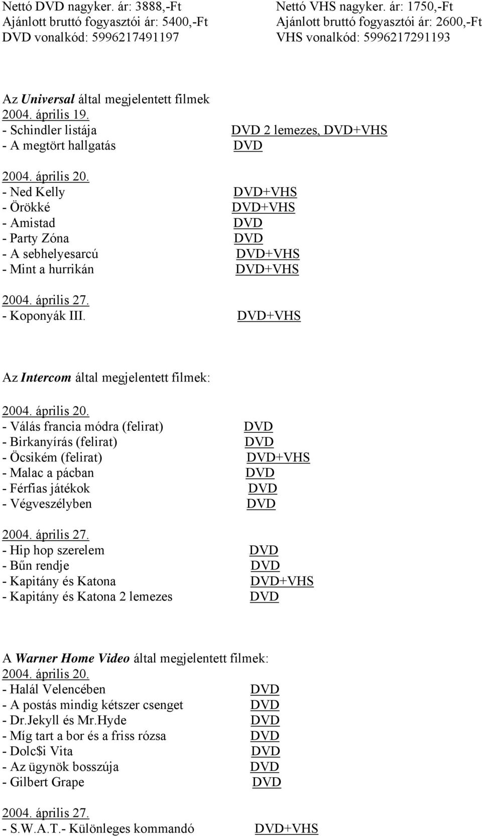 - Schindler listája DVD 2 lemezes, - A megtört hallgatás DVD 2004. április 20. - Ned Kelly - Örökké - Amistad DVD - Party Zóna DVD - A sebhelyesarcú - Mint a hurrikán 2004. április 27. - Koponyák III.