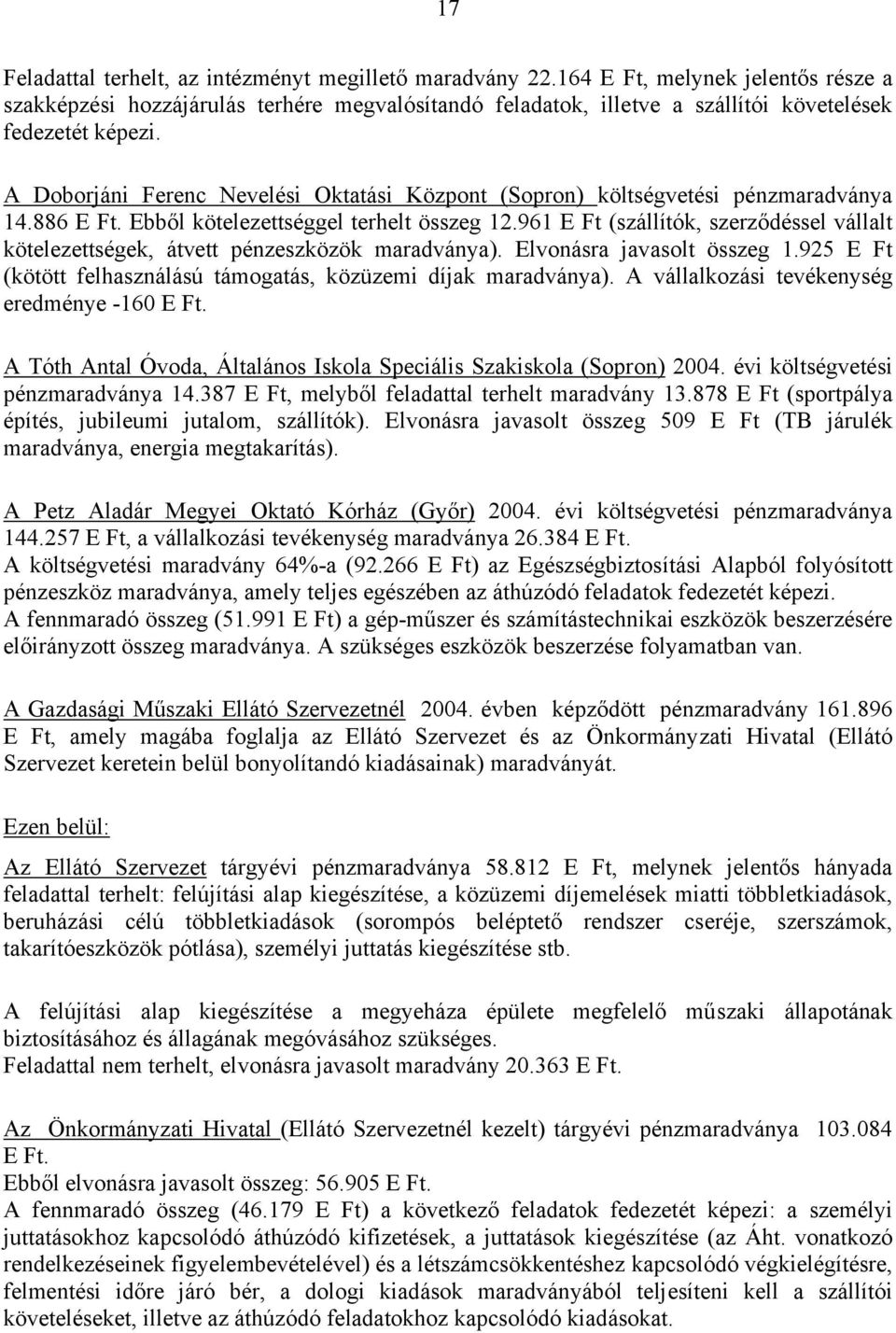 A Doborjáni Ferenc Nevelési Oktatási Központ (Sopron) költségvetési pénzmaradványa 14.886 E Ft. Ebből kötelezettséggel terhelt összeg 12.