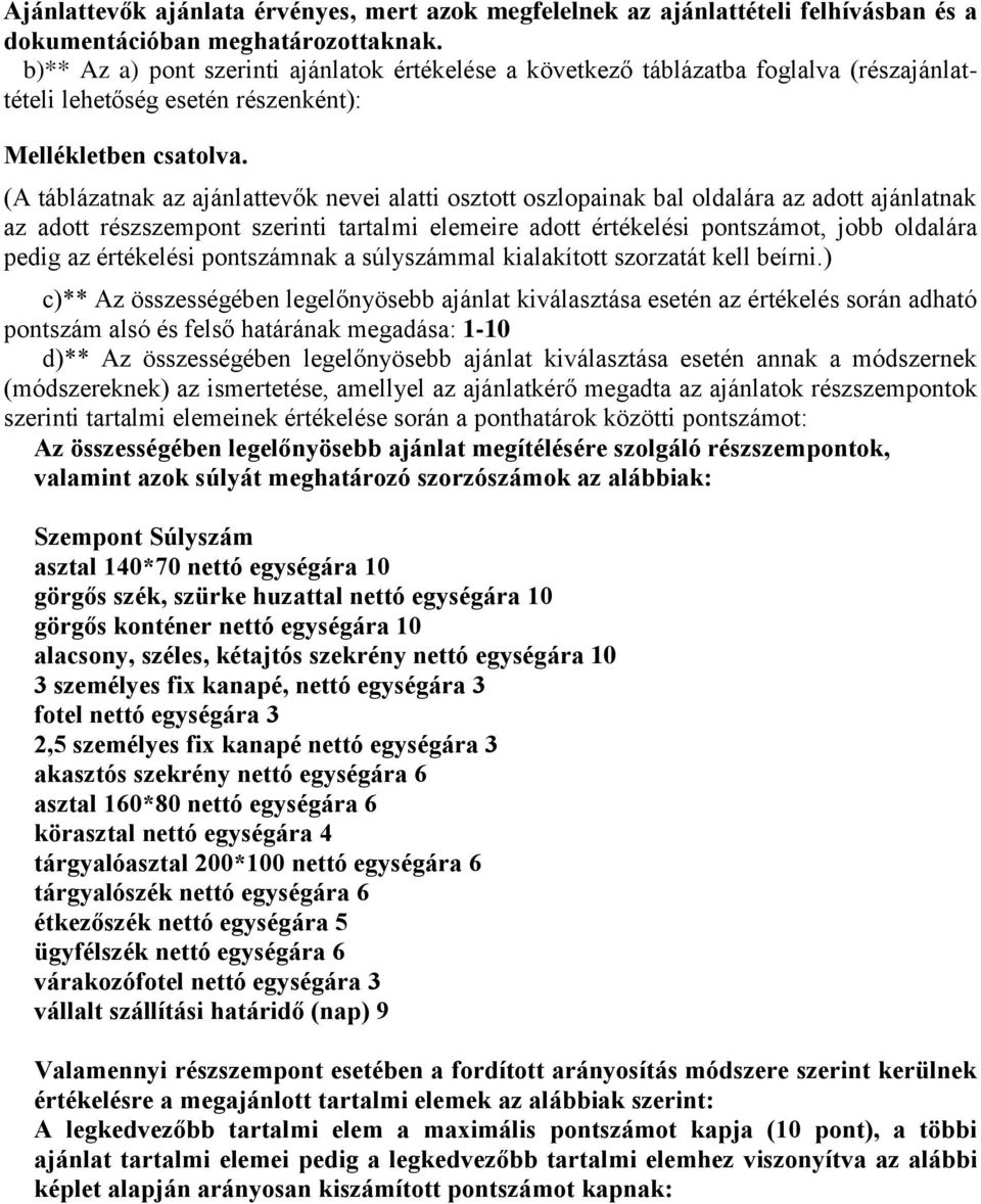 (A táblázatnak az ajánlattevők nevei alatti osztott oszlopainak bal oldalára az adott ajánlatnak az adott részszempont szerinti tartalmi elemeire adott értékelési pontszámot, jobb oldalára pedig az