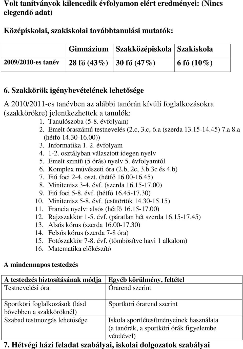 Emelt óraszámú testnevelés (2.c, 3.c, 6.a (szerda 13.15-14.45) 7.a 8.a (hétfő 14.30-16.00)) 3. Informatika 1. 2. évfolyam 4. 1-2. osztályban választott idegen nyelv 5. Emelt szintű (5 órás) nyelv 5.