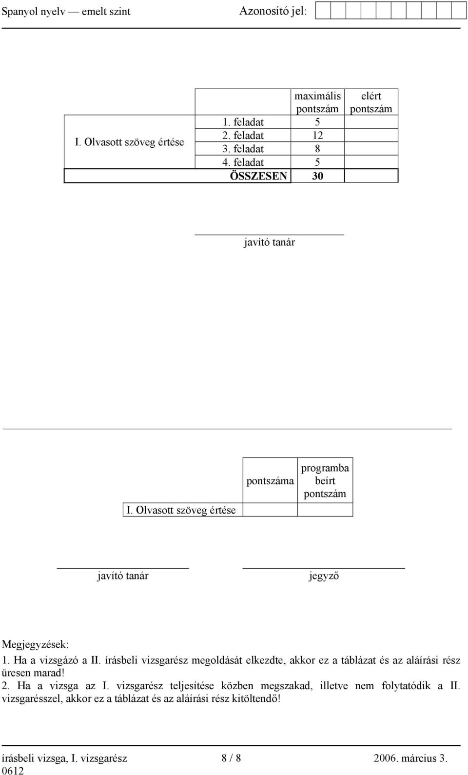 írásbeli vizsgarész megoldását elkezdte, akkor ez a táblázat és az aláírási rész üresen marad! 2. Ha a vizsga az I.