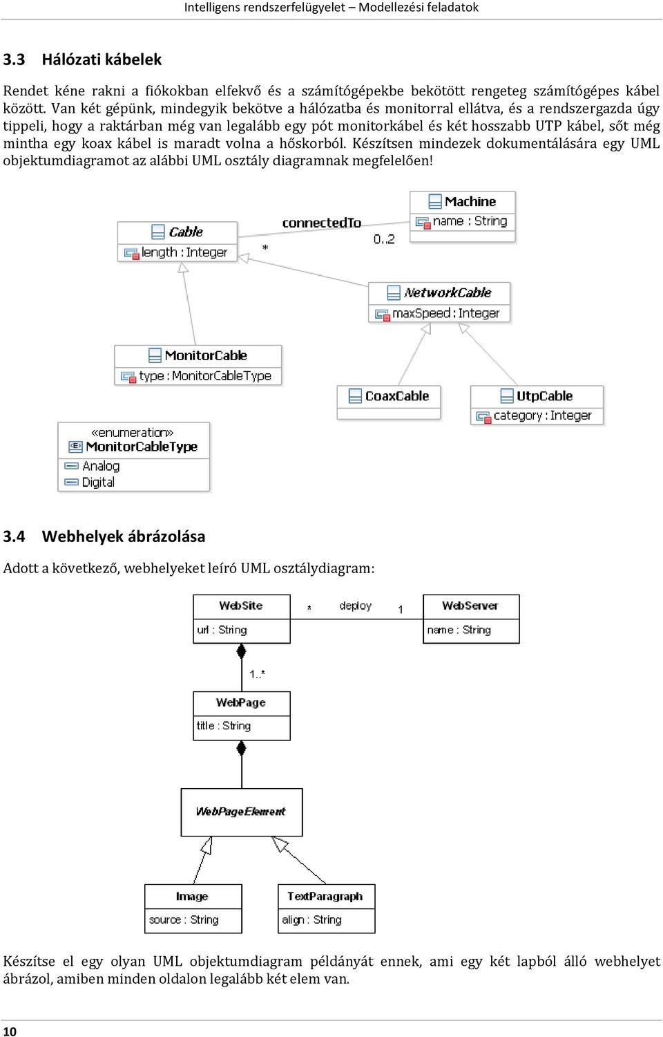 kábel, sőt még mintha egy koax kábel is maradt volna a hőskorból. Készítsen mindezek dokumentálására egy UML objektumdiagramot az alábbi UML osztály diagramnak megfelelően! 3.