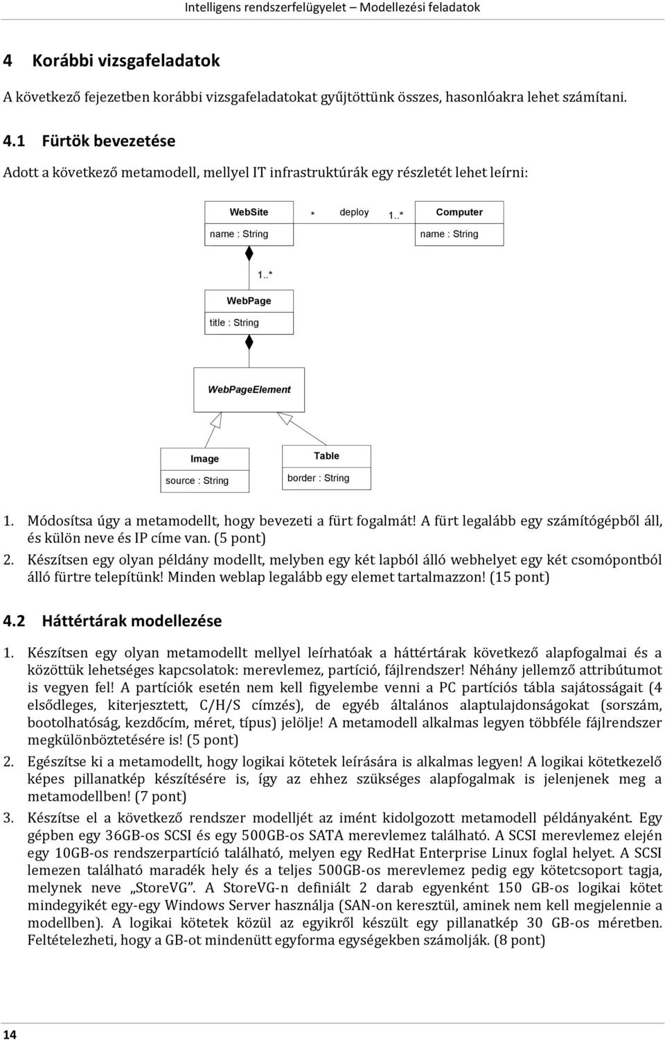 .* WebPage title : String WebPageElement Image Table source : String border : String 1. Módosítsa úgy a metamodellt, hogy bevezeti a fürt fogalmát!