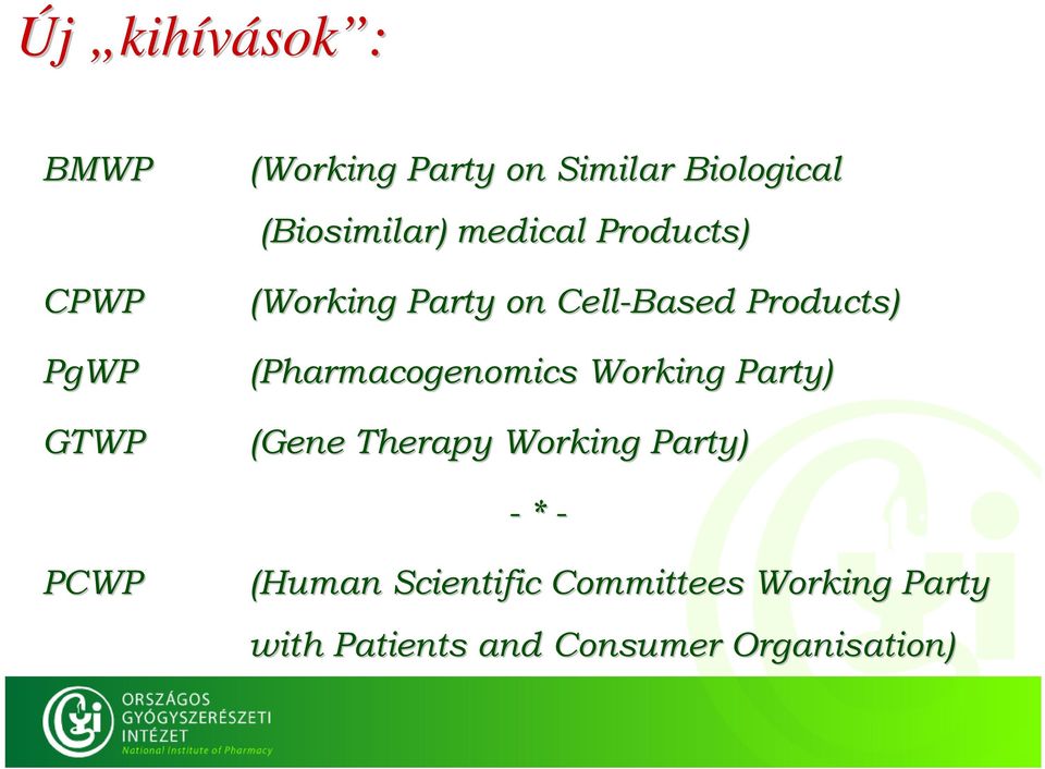 (Pharmacogenomics Working Party) (Gene Therapy Working Party) - * - PCWP