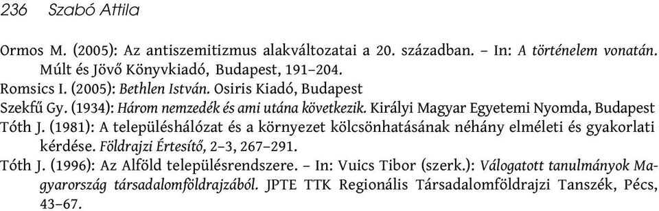 Királyi Magyar Egyetemi Nyomda, Budapest Tóth J. (1981): A településhálózat és a környezet kölcsönhatásának néhány elméleti és gyakorlati kérdése.