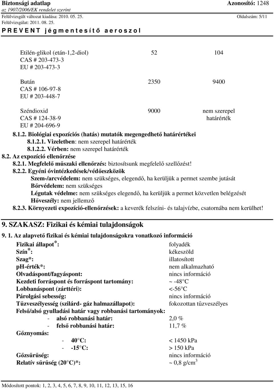 8.1.2. Biológiai expozíciós (hatás) mutatók megengedhető határértékei 8.1.2.1. Vizeletben: nem szerepel határérték 8.1.2.2. Vérben: nem szerepel határérték 8.2. Az expozíció ellenőrzése 8.2.1. Megfelelő műszaki ellenőrzés: biztosítsunk megfelelő szellőzést!