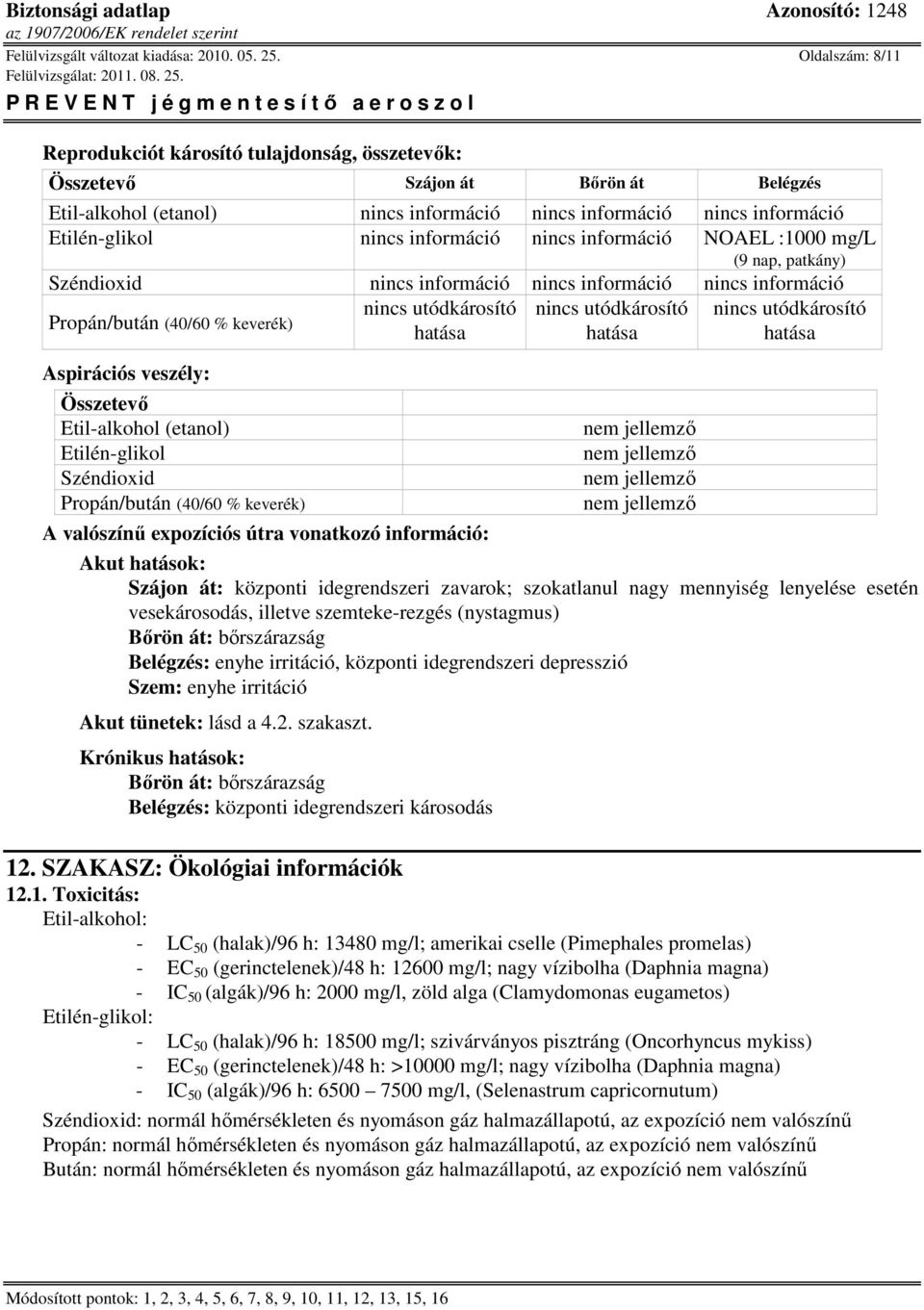 (40/60 % keverék) Aspirációs veszély: Összetevő Etil-alkohol (etanol) Etilén-glikol Széndioxid Propán/bután (40/60 % keverék) nincs utódkárosító hatása nincs utódkárosító hatása nem jellemző nem