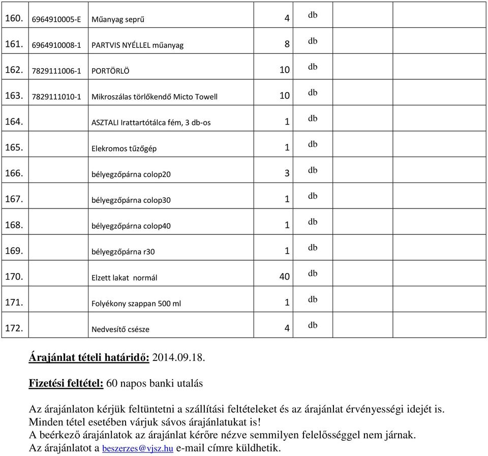 Elzett lakat normál 40 db 171. Folyékony szappan 500 ml 1 db 172. Nedvesítő csésze 4 db Árajánlat tételi határidő: 2014.09.18.