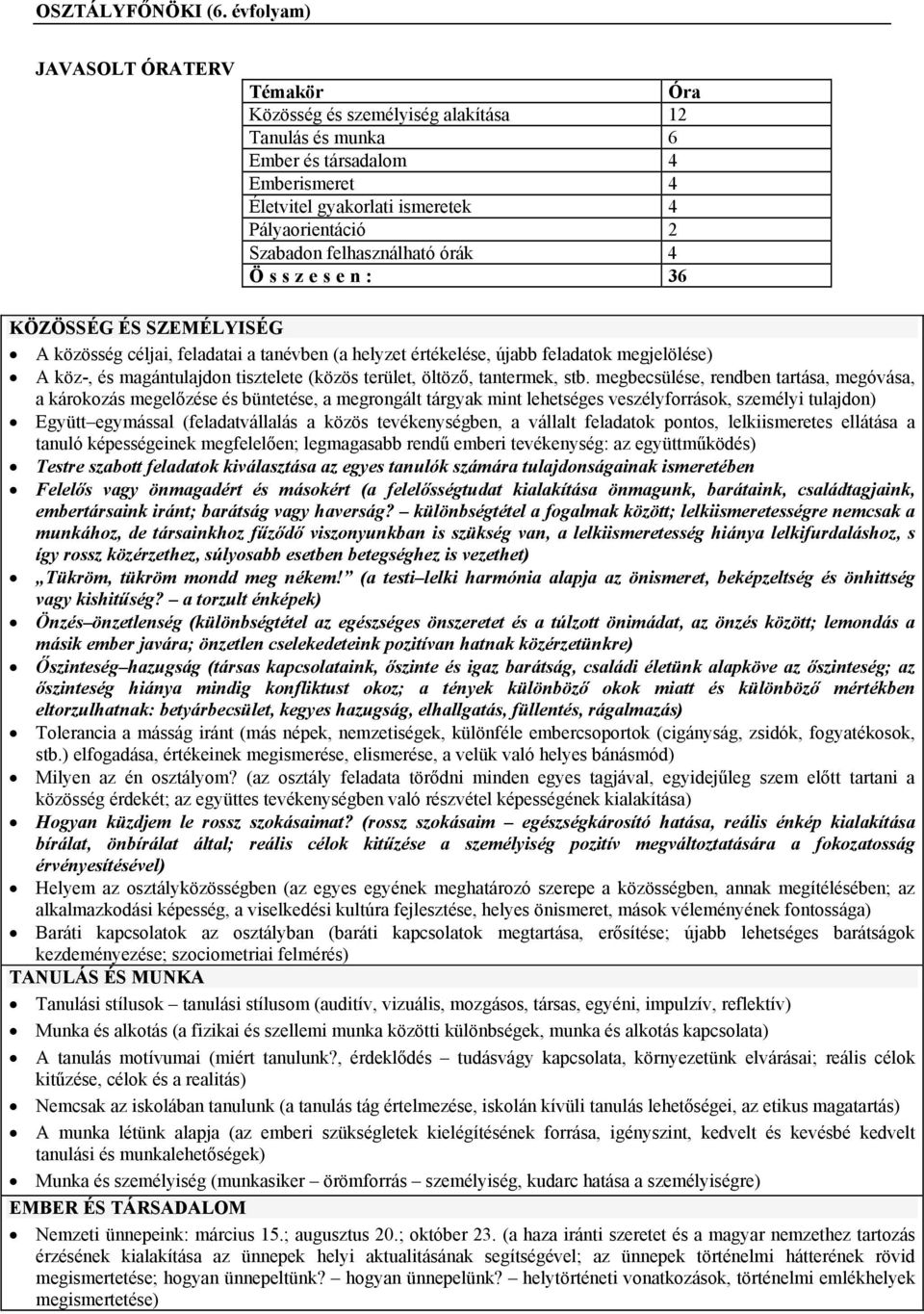 felhasználható órák 4 Összesen: 36 KÖZÖSSÉG ÉS SZEMÉLYISÉG A közösség céljai, feladatai a tanévben (a helyzet értékelése, újabb feladatok megjelölése) A köz-, és magántulajdon tisztelete (közös