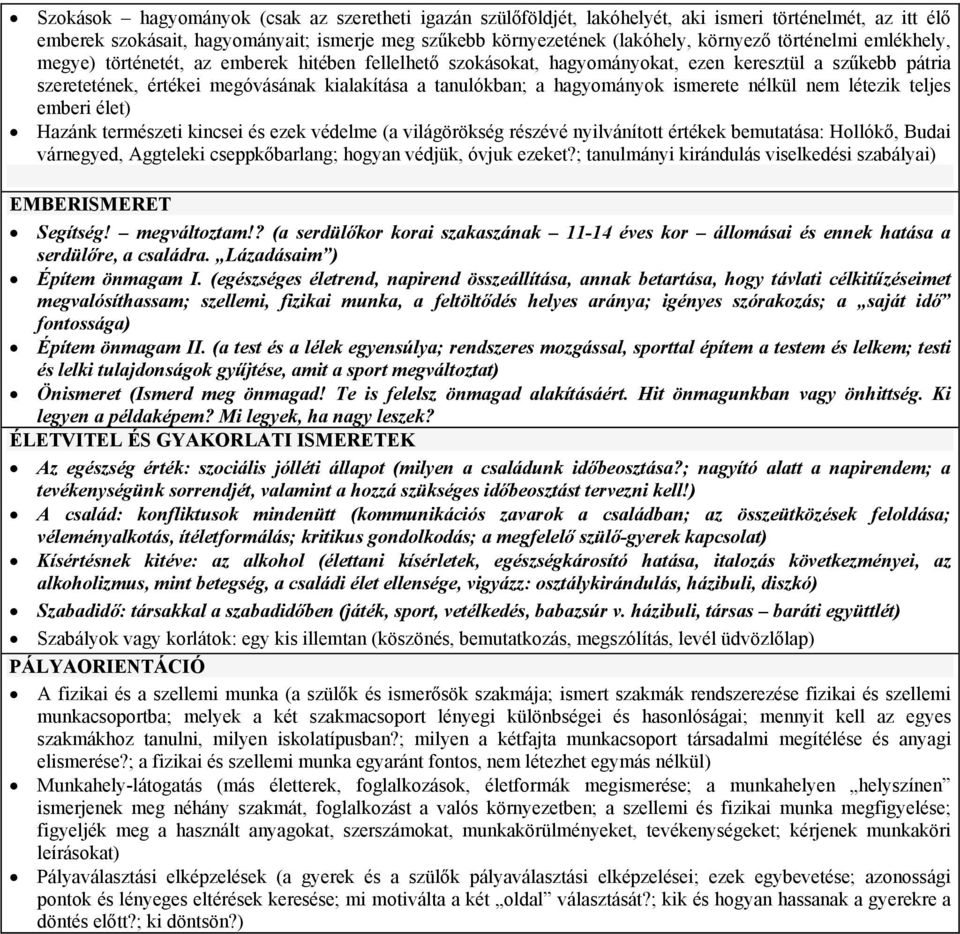 hagyományok ismerete nélkül nem létezik teljes emberi élet) Hazánk természeti kincsei és ezek védelme (a világörökség részévé nyilvánított értékek bemutatása: Hollókő, Budai várnegyed, Aggteleki