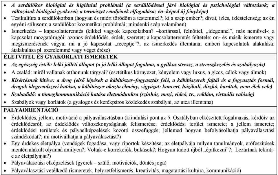 ; divat, ízlés, ízléstelenség; az én egyéni stílusom; a serdülőkor kozmetikai problémái; mindenki szép valamiben) Ismerkedés kapcsolatteremtés (kikkel vagyok kapcsolatban?