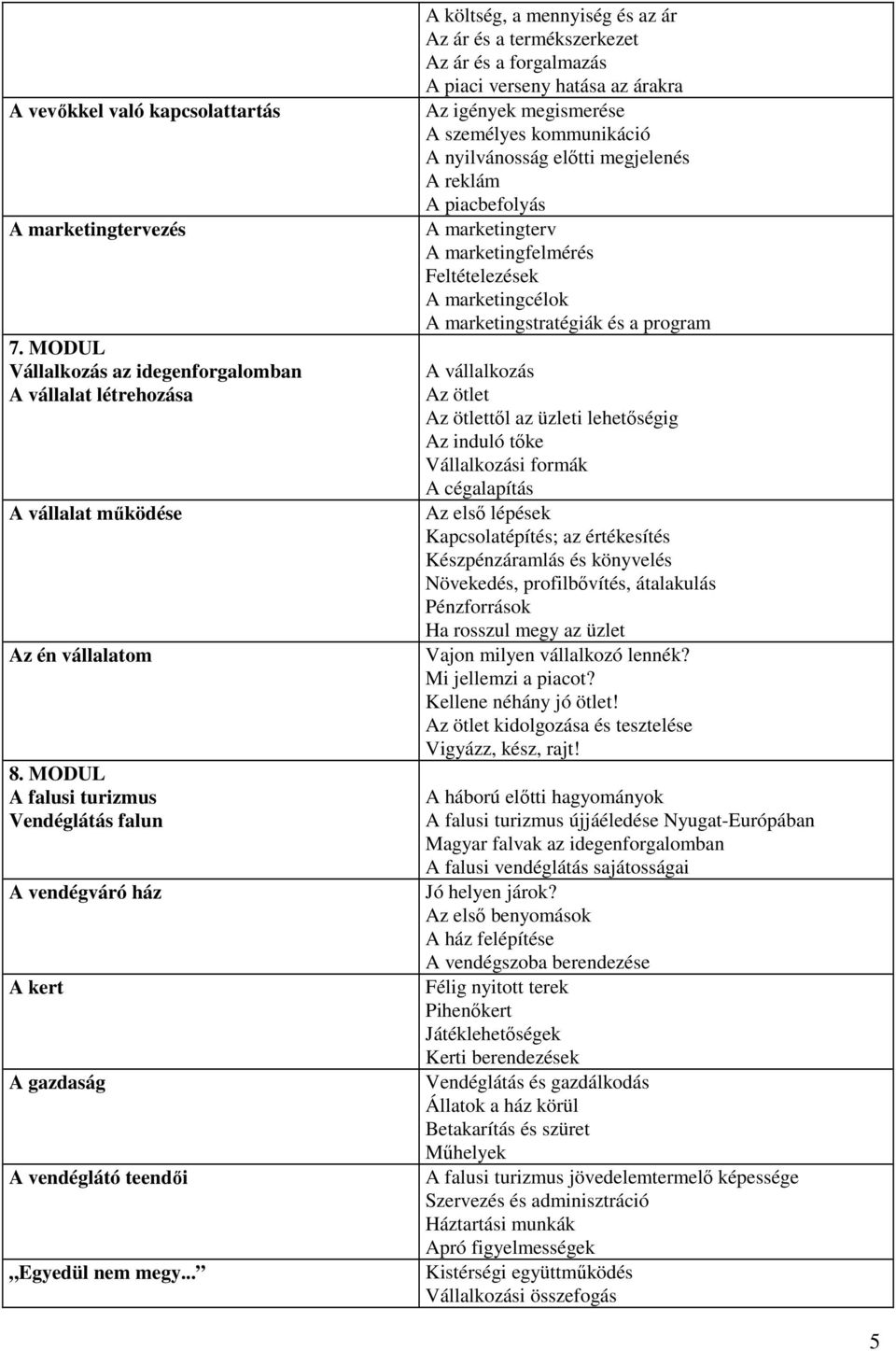 .. A költség, a mennyiség és az ár Az ár és a termékszerkezet Az ár és a forgalmazás A piaci verseny hatása az árakra Az igények megismerése A személyes kommunikáció A nyilvánosság előtti megjelenés