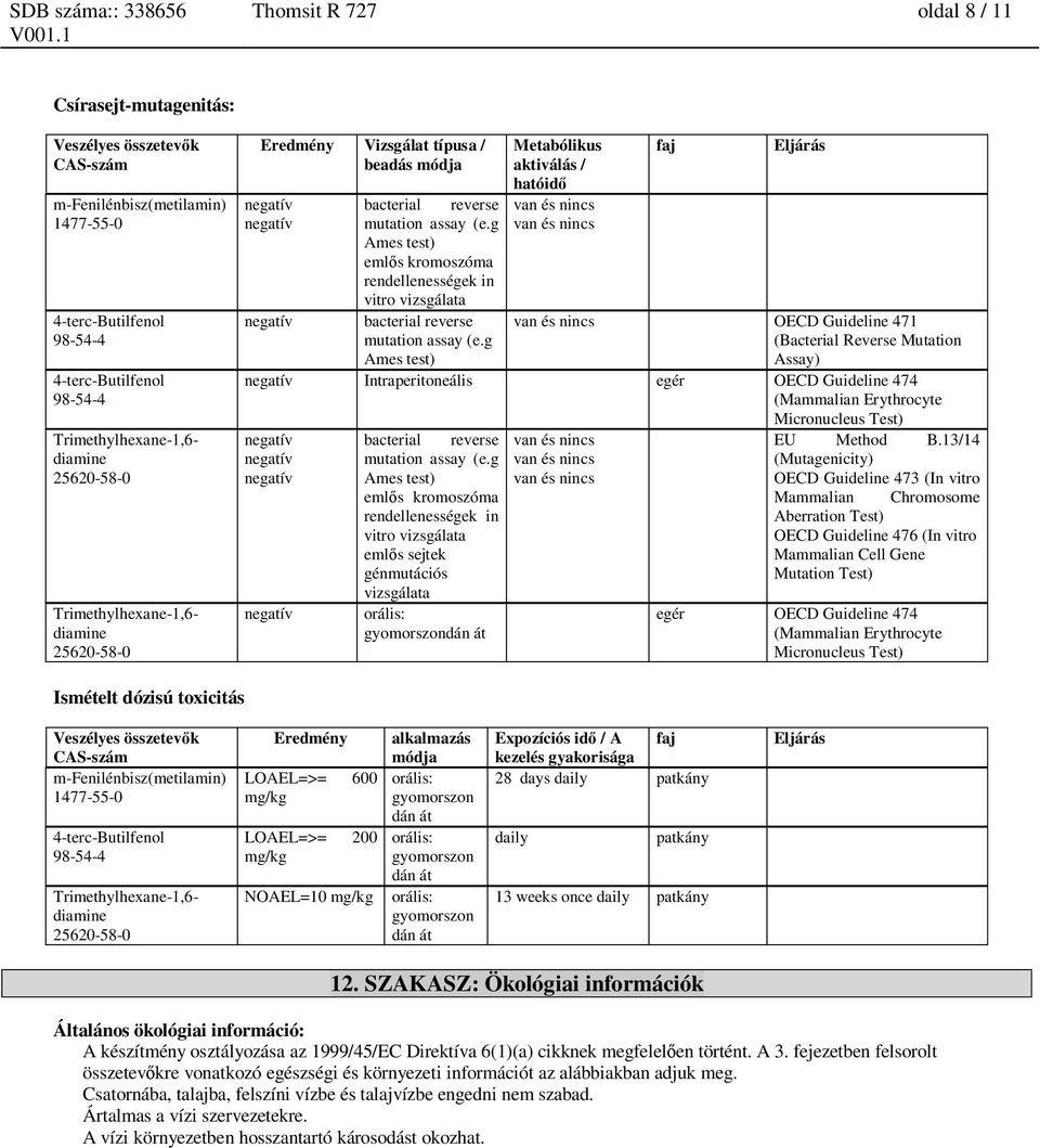 g Ames test) eml s kromoszóma rendellenességek in vitro vizsgálata negatív bacterial reverse van és nincs OECD Guideline 471 mutation assay (e.