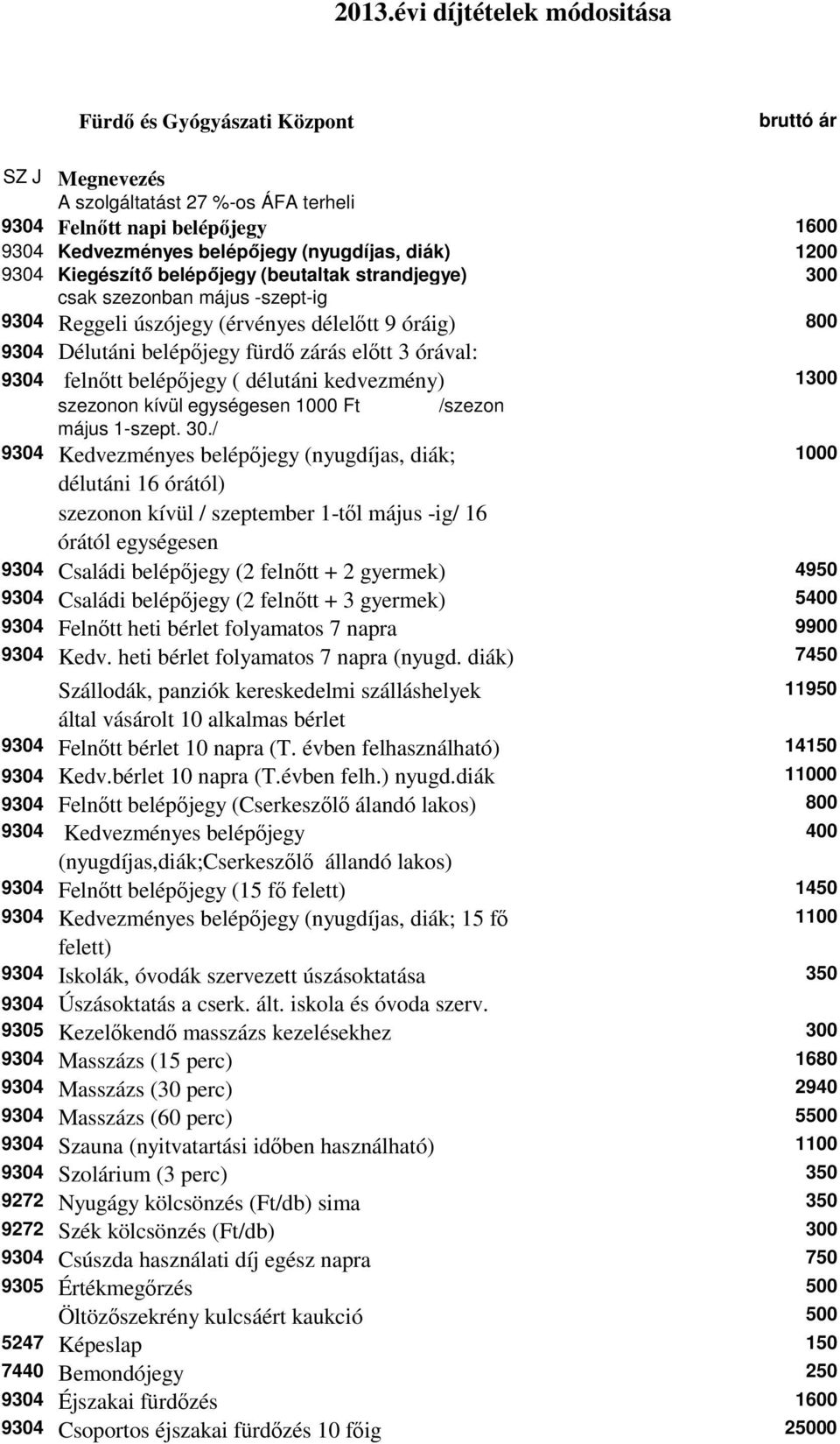 órával: 9304 felnőtt belépőjegy ( délutáni kedvezmény) 1300 szezonon kívül egységesen 1000 Ft /szezon május 1-szept. 30.