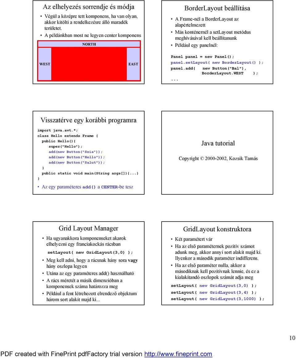 llıtanunk ú Pe lda ul egy panelne l: WEST EAST Panel panel = new Panel(); panel.setlayout( new BorderLayout() ); panel.add( new Button("Bal"), BorderLayout.WEST );.
