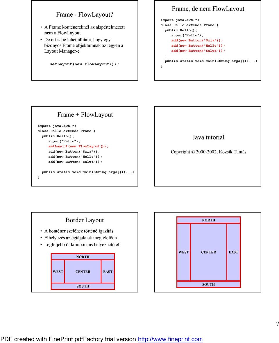 FlowLayout()); Frame, de nem FlowLayout add(new Button("Szia")); add(new Button("Hello")); add(new Button("Salut")); public static void main(string args[]){.