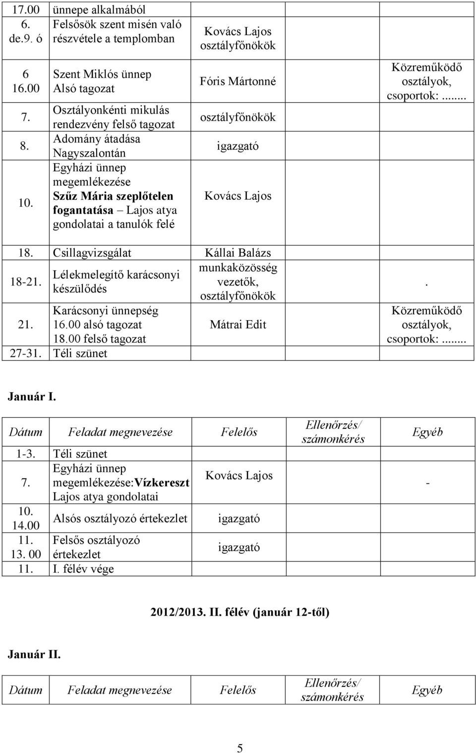 Fóris Mártonné osztályfőnökök igazgató Közreműködő osztályok, csoportok:... 18. Csillagvizsgálat Kállai Balázs 18-21.