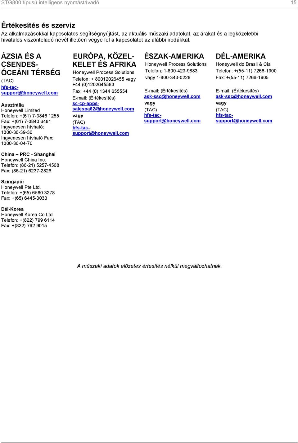 com Ausztrália Honeywell Limited Telefon: +(61) 7-3846 1255 Fax: +(61) 7-3840 6481 Ingyenesen hívható: 1300-36-39-36 Ingyenesen hívható Fax: 1300-36-04-70 EURÓPA, KÖZEL- KELET ÉS AFRIKA Honeywell