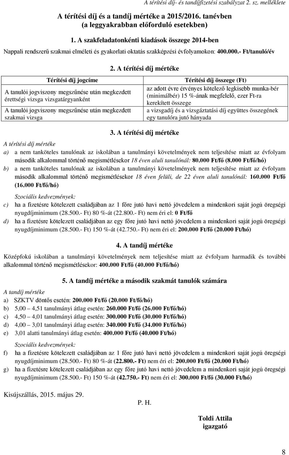 - Ft/tanuló/év Térítési díj jogcíme A tanulói jogviszony megszűnése után megkezdett érettségi vizsga vizsgatárgyanként A tanulói jogviszony megszűnése után megkezdett szakmai vizsga 2.