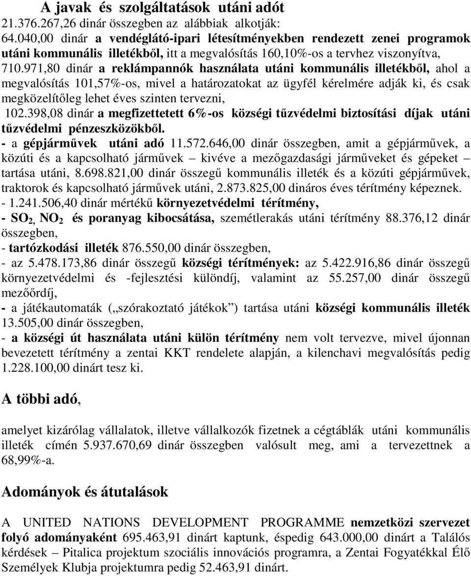 971,80 dinár a reklámpannók használata utáni kommunális illetékből, ahol a megvalósítás 101,57%-os, mivel a határozatokat az ügyfél kérelmére adják ki, és csak megközelítőleg lehet éves szinten