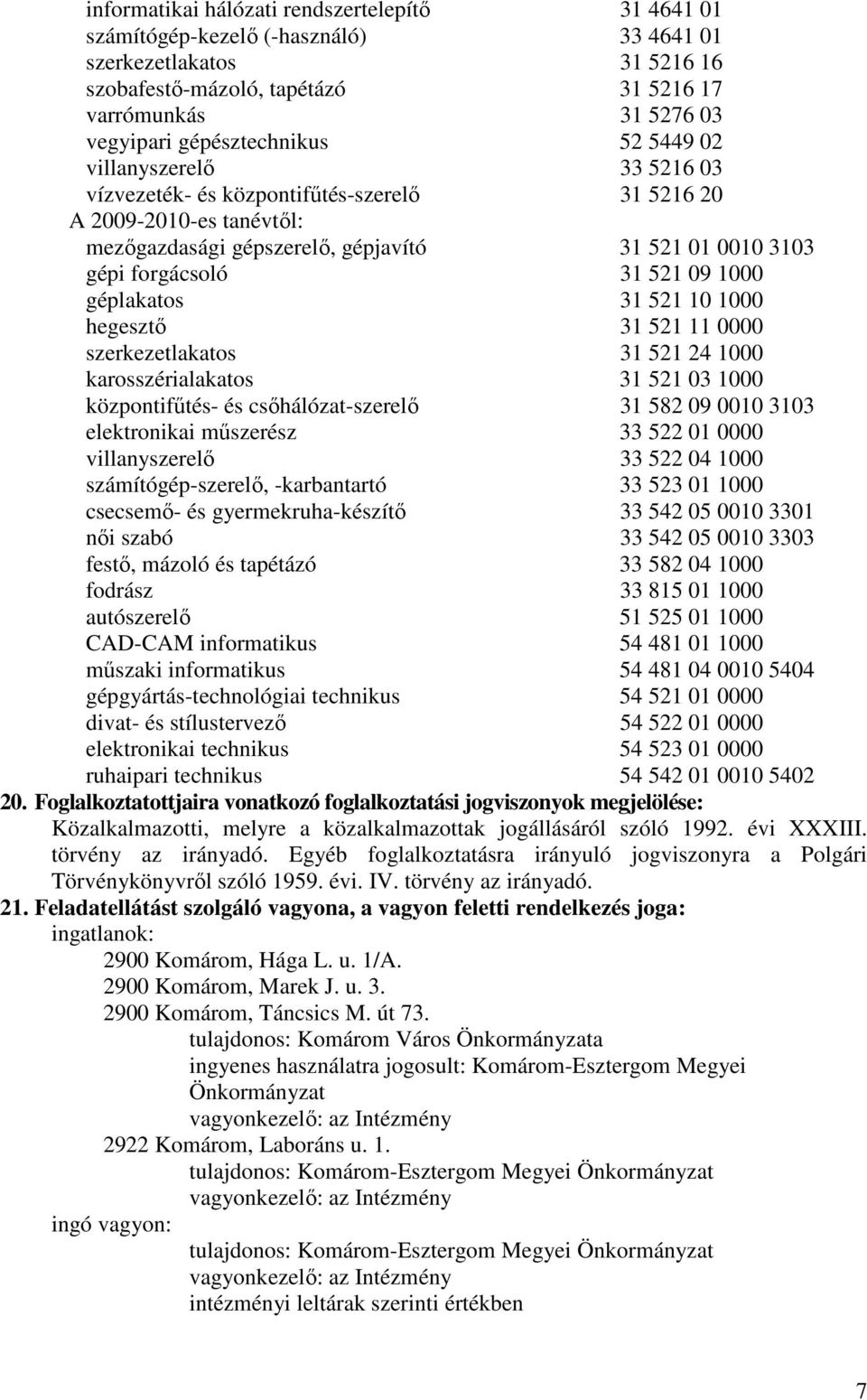 31 521 09 1000 géplakatos 31 521 10 1000 hegesztı 31 521 11 0000 szerkezetlakatos 31 521 24 1000 karosszérialakatos 31 521 03 1000 központifőtés- és csıhálózat-szerelı 31 582 09 0010 3103