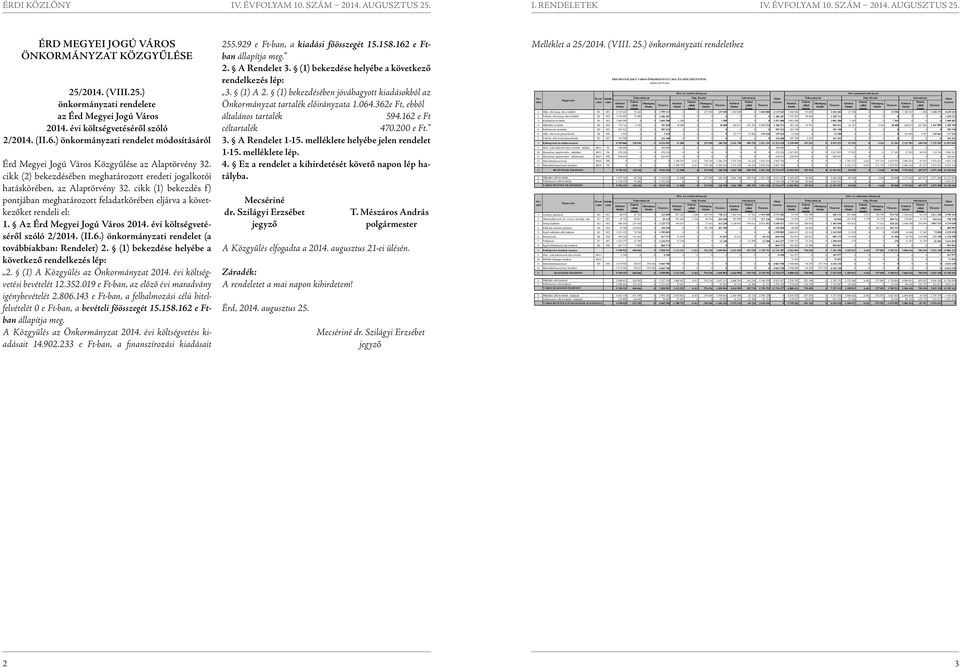 cikk (1) bekezdés f) pontjában meghatározott körében eljárva a következőket rendeli el: 1. Az Érd Megyei Jogú Város 2014. évi költségvetéséről szóló 2/2014. (II.6.