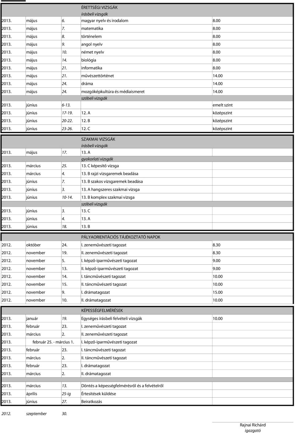 00 szóbeli vizsgák 2013. június 6-13. emelt szint 2013. június 17-19. 12. A középszint 2013. június 20-22. 12. B középszint 2013. június 23-26. 12. C középszint SZAKMAI VIZSGÁK írásbeli vizsgák 2013.