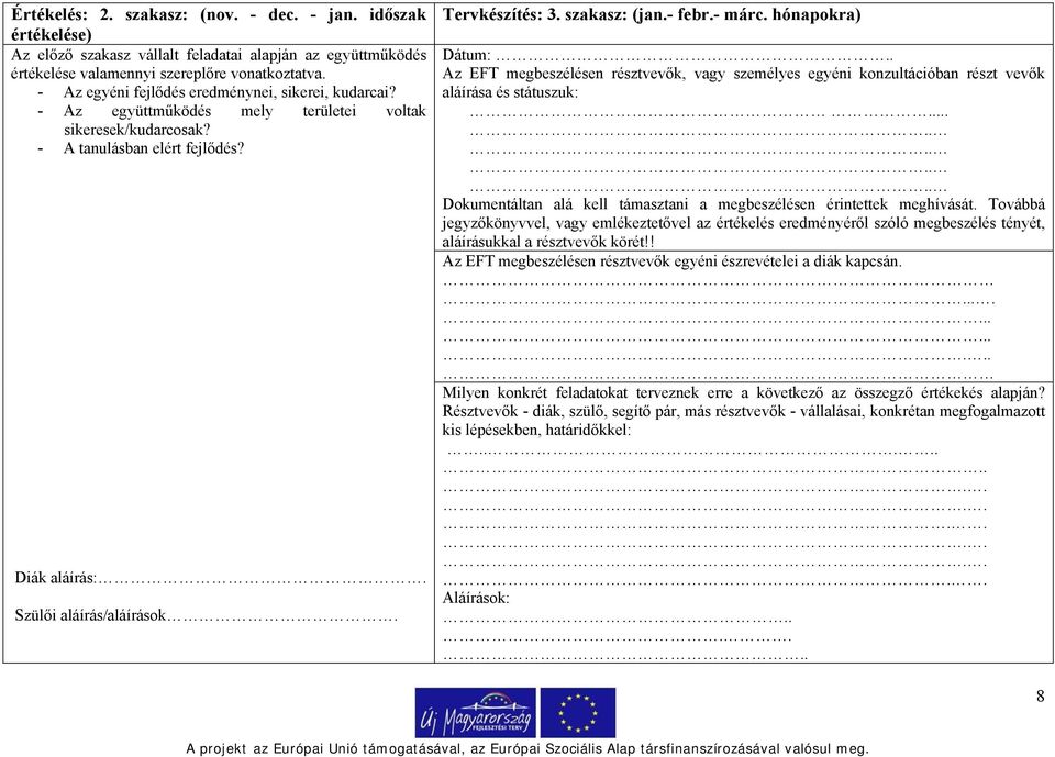 Tervkészítés: 3. szakasz: (jan.- febr.- márc. hónapokra) Dátum:.. Az EFT megbeszélésen résztvevők, vagy személyes egyéni konzultációban részt vevők aláírása és státuszuk:.