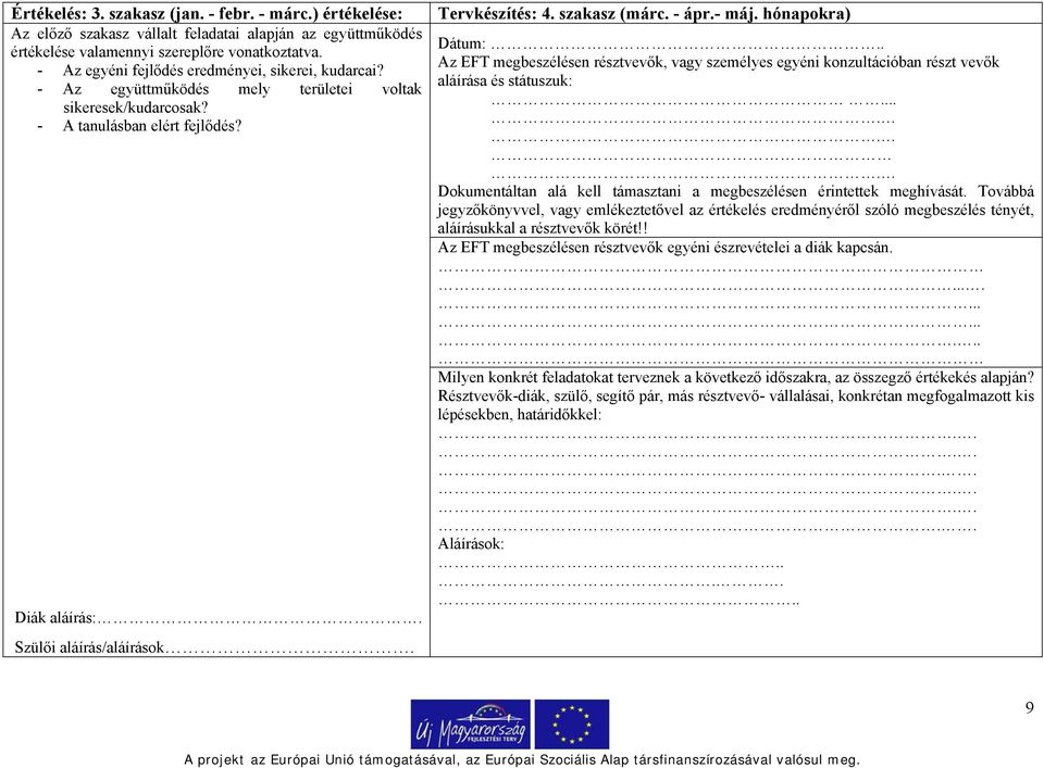Tervkészítés: 4. szakasz (márc. - ápr.- máj. hónapokra) Dátum:.. Az EFT megbeszélésen résztvevők, vagy személyes egyéni konzultációban részt vevők aláírása és státuszuk:.