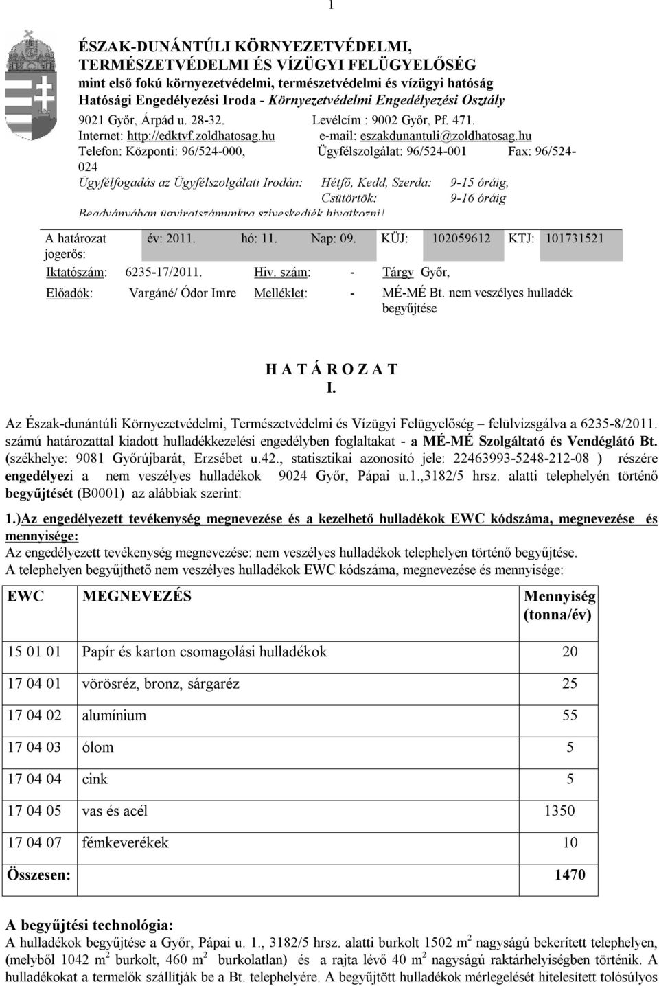 hu Telefon: Központi: 96/524-000, Ügyfélszolgálat: 96/524-001 Fax: 96/524-024 Ügyfélfogadás az Ügyfélszolgálati Irodán: Hétfő, Kedd, Szerda: 9-15 óráig, Csütörtök: 9-16 óráig Beadványában