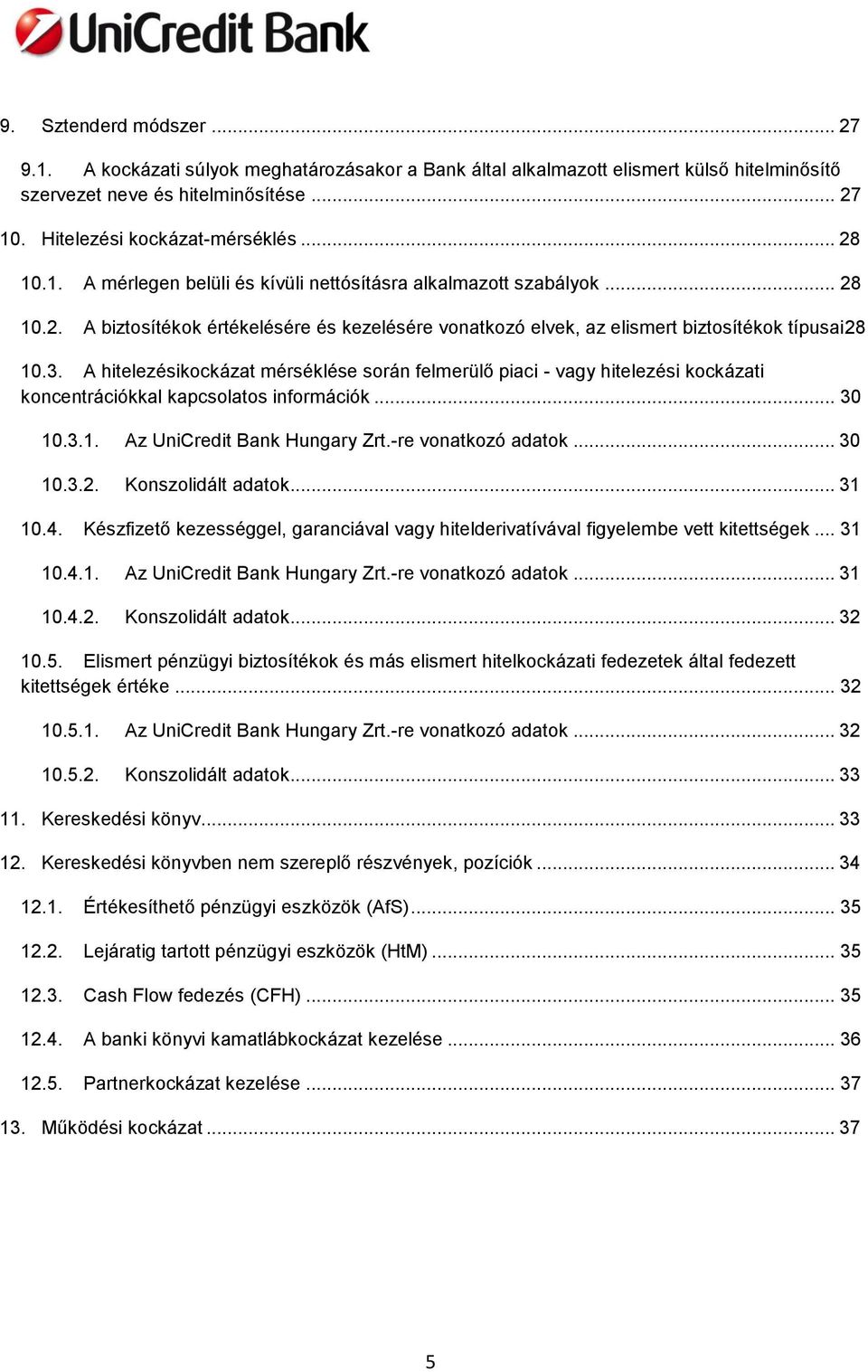 A hitelezésikockázat mérséklése során felmerülő piaci - vagy hitelezési kockázati koncentrációkkal kapcsolatos információk... 30 10.3.1. Az UniCredit Bank Hungary Zrt.-re vonatkozó adatok... 30 10.3.2.