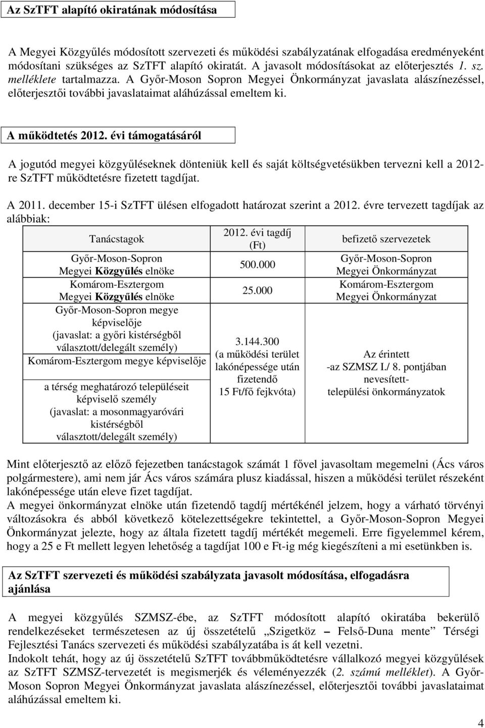 A mőködtetés 2012. évi támogatásáról A jogutód megyei közgyőléseknek dönteniük kell és saját költségvetésükben tervezni kell a 2012- re SzTFT mőködtetésre fizetett tagdíjat. A 2011.