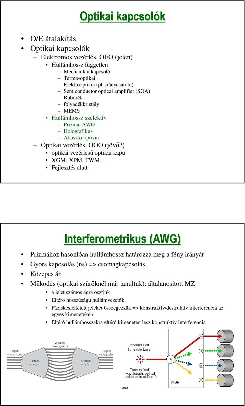 ) optikai vezérlésű optikai kapu XGM, XPM, FWM Fejlesztés alatt Interferometrikus (AWG) Prizmához hasonlóan hullámhossz határozza meg a fény irányát Gyors kapcsolás (ns) => csomagkapcsolás Közepes ár