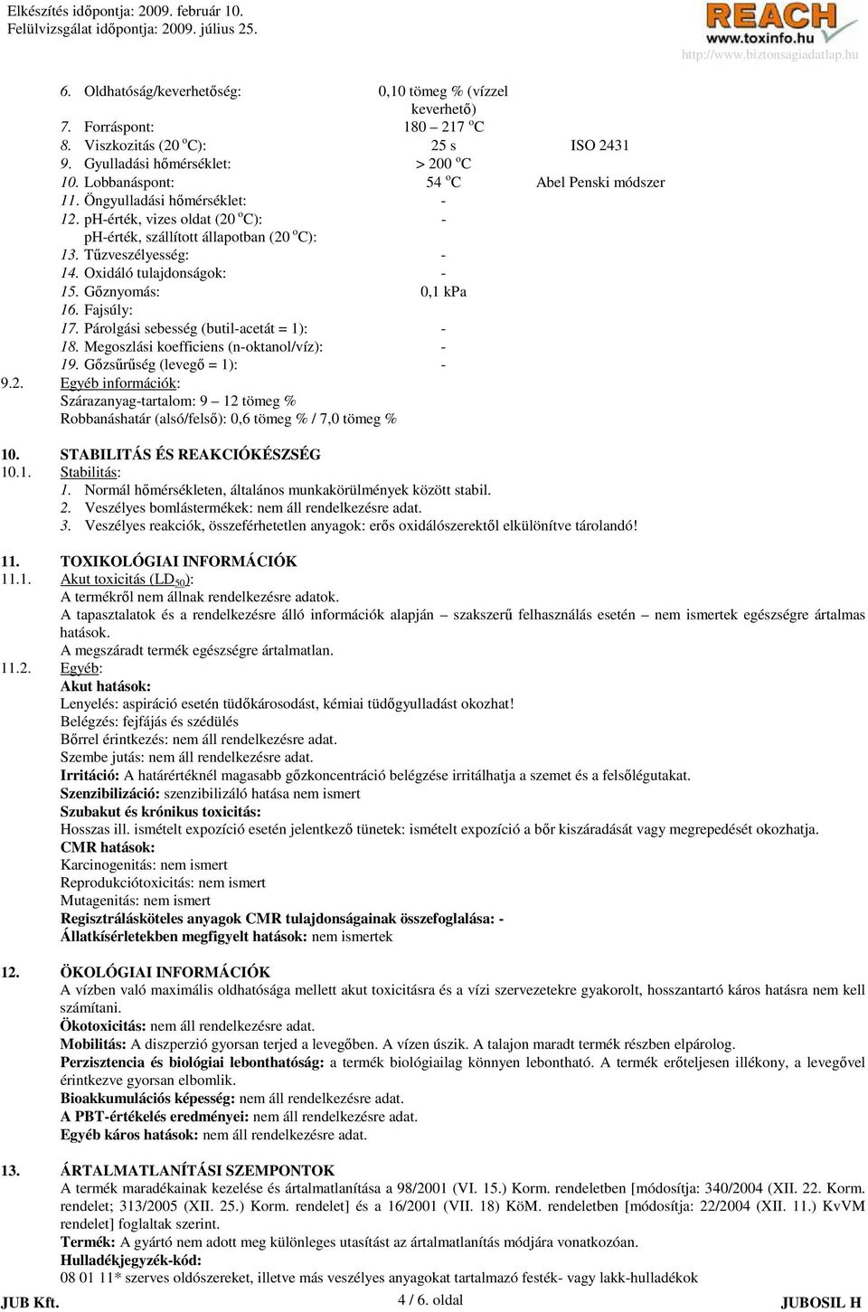 Oxidáló tulajdonságok: - 15. Gıznyomás: 0,1 kpa 16. Fajsúly: 17. Párolgási sebesség (butil-acetát = 1): - 18. Megoszlási koefficiens (n-oktanol/víz): - 19. Gızsőrőség (levegı = 1): - 9.2.